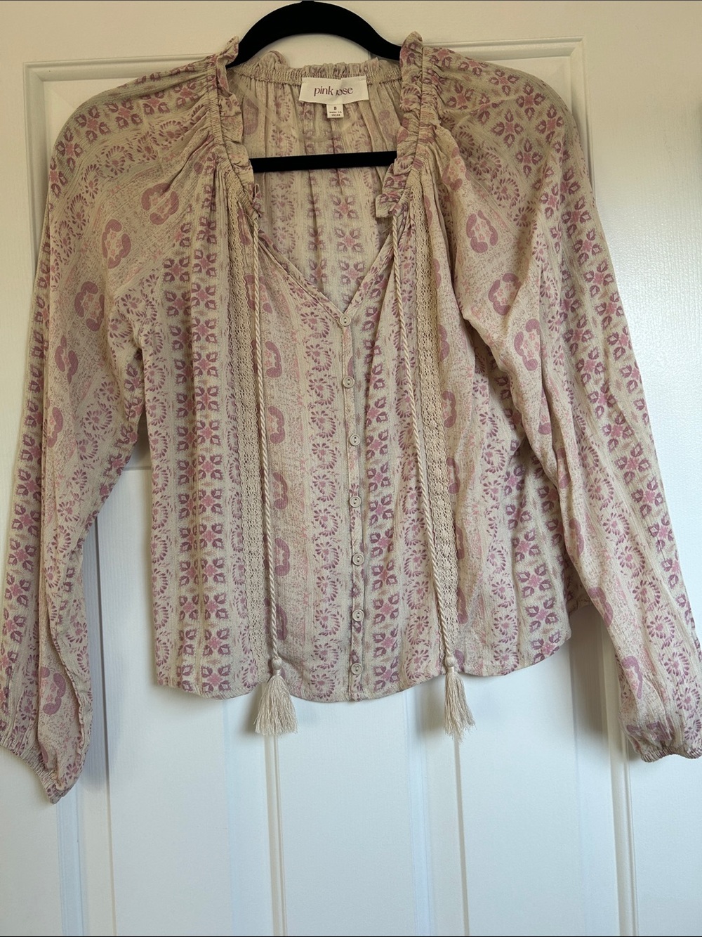 Pink Rose Cream and Pink Paisley Tie-Front Boho Blouse